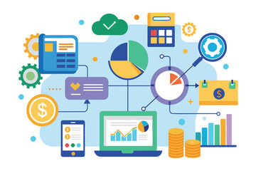 Sticker - Laptop Surrounded by Various Icons, financial management systems and sources of financial information, Simple and minimalist flat Vector Illustration