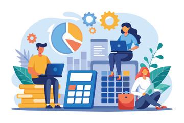 Poster - People Sitting on Top of a Pile of Books Next to a Calculator, Financial management with humans using laptops and calculators, Simple and minimalist flat Vector Illustration