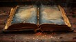 Open antique book on wooden table with glitter overlay