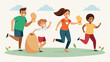 Teams of parents and children compete in a game of potato sack race hopping and stumbling towards the finish line in a display of teamwork and
