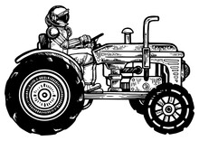 Astronaut Ride Agricultural Tractor Sketch Engraving PNG Illustration. Scratch Board Style Imitation. Black And White Hand Drawn Image.