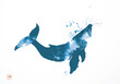 Ink wash painting of a blue whale in  water splashes. Traditional oriental ink painting sumi-e, u-sin, go-hua. Translation of hieroglyph - spirit