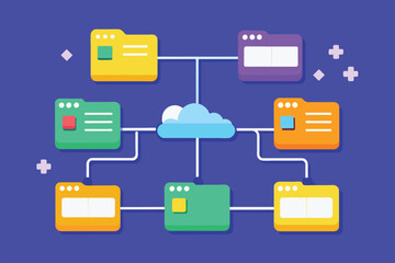 Poster - illustration of a cloud computing system showing network connections, servers, data storage, and pro