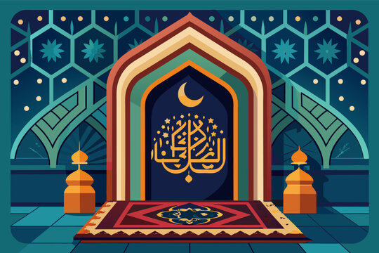Eid al-Adha background depicting a peaceful scene of a mosque reflecting in a still lake at sunrise.