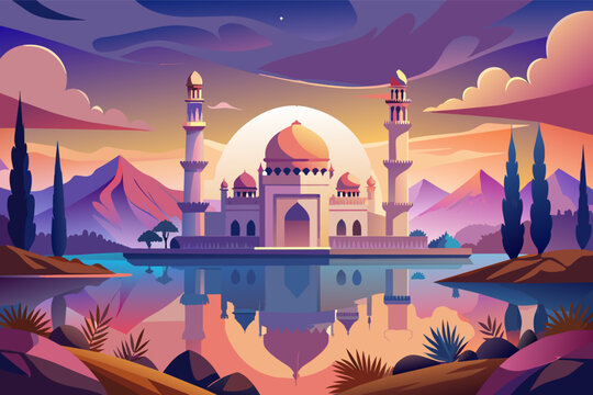 Eid al-Adha background depicting a peaceful scene of a mosque reflecting in a still lake at sunrise.