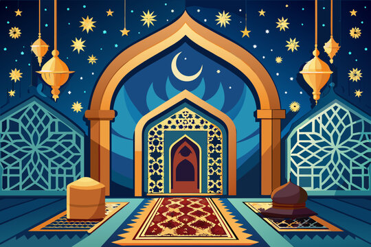 Eid al-Adha background depicting a peaceful scene of a mosque reflecting in a still lake at sunrise.