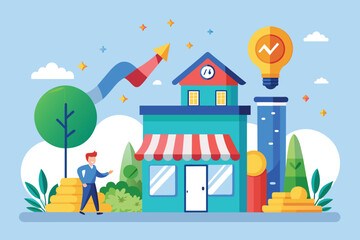 Poster - Man Standing in Front of Building With Light Bulb, franchise business scale concept business expansion ideas business growth and expand marketing, Simple and minimalist flat Vector Illustration