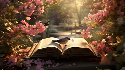 Wall Mural - A book lying open on a table in the midst of a tranquil garden, its words intertwining with the fragrance of flowers and the chirping of birds