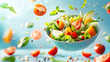 Fresh salad with flying vegetables on blue background.
