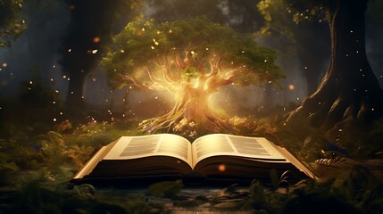 Wall Mural - A book morphing into a majestic tree, its branches adorned with pages fluttering in the breeze of a mystical forest
