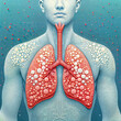 Asthma awareness day poster with human lungs made of red bubbles on blue background.Medical template for pulmonary clinics and centers. Vector illustration created with generative ai.