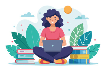 Canvas Print - A woman sitting on top of a pile of books while working on a laptop, girl with laptop sitting on books doing assignments online education, Simple and minimalist flat Vector Illustration