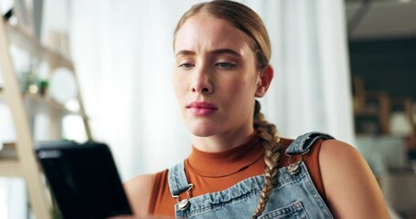 Poster - Woman, phone and confused in home with thinking in home for texting, annoyed and contact in living room. Girl, smartphone and doubt with web chat in lounge on mobile app for social network at house
