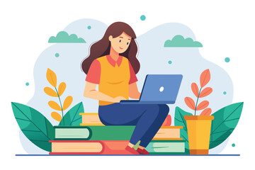 Poster - a woman sitting on a pile of books while working on a laptop, girl with laptop sitting on books doin