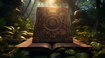Wall Mural - A book resting atop a lone pedestal in the heart of a dense jungle, its cover adorned with intricate symbols hinting at ancient secrets