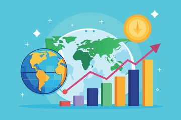 Poster - Global Market Trends Illustrated With Globe, Bar Chart, and Clock, Global market sales business trending, Simple and minimalist flat Vector Illustration