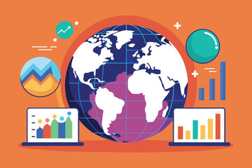 Poster - A globe with laptops underneath and a smaller globe on top, symbolizing global market analysis and connectivity, Global stock market analysis metaphor, Simple and minimalist flat Vector Illustration