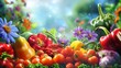Vibrant array of flowers and vegetables, depicting freshness, health, and natural abundance. background illustration with copy space for text.