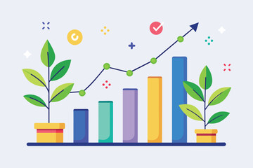 Poster - A plant growing on a bar chart, depicting the growth data visually with green leaves sprouting, graphical analysis of growth data, Simple and minimalist flat Vector Illustration