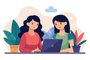 Poster - Two women sitting at a table, focused on a laptop screen, Group work with two women trending, Simple and minimalist flat Vector Illustration