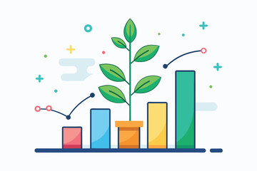 Poster - A bar chart with a plant sprouting from it, symbolizing growth and progress, Growth data set icon, Simple and minimalist flat Vector Illustration