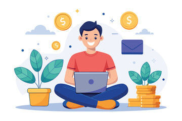 Poster - A man sitting on the floor, working on a laptop, Happy freelancer with laptop sitting on coins at home, Simple and minimalist flat Vector Illustration