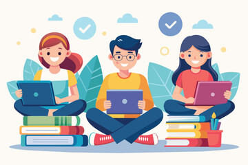 Poster - Group of students seated on stack of books, using laptops for research and studying in a cozy setting, happy students reading books with laptops, Simple and minimalist flat Vector Illustration