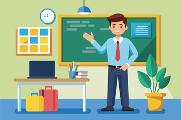 Poster - A man giving a history lesson, standing by a blackboard in a classroom setting, History teacher presentation in class, Simple and minimalist flat Vector Illustration