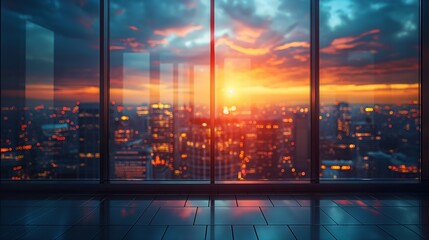 Wall Mural - Beautiful view of the city landscape from an empty office space with a panoramic window at sunset