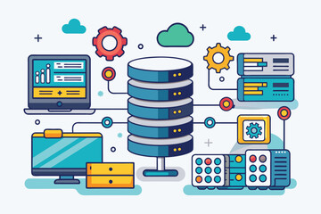 Poster - Graphic showing a stack of data on a plain white background, hosting technology server maintenance services, database storage, Simple and minimalist flat Vector Illustration