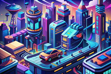 Poster - A bustling metropolis with flying cars and neon lights in 3D illustration