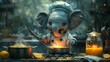   An elephant in a chef's hat and apron stirs a large pot over a stove, while a candle provides heat nearby