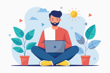 Poster - a man sits on the floor, focused on his laptop screen, a man sitting on a chair in front of a comput