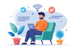 Man sitting, typing on laptop in office setting, man sitting in a chair with a contract on a table, Simple and minimalist flat Vector Illustration