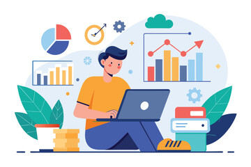 Sticker - A man sitting on the floor, focused on using his laptop, Improve data analyst for business trending, Simple and minimalist flat Vector Illustration