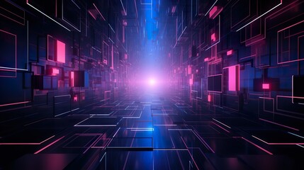 A high-resolution image of a virtual reality corridor with vibrant neon lights and futuristic architecture inspired by cyberpunk aesthetics