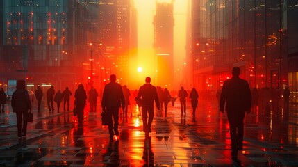 Poster - A group of people walking down a city street at sunset, AI