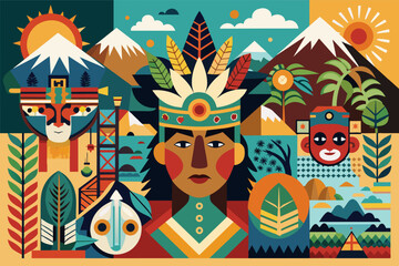 Fototapete - A collage template inspired by tribal art and indigenous cultures
