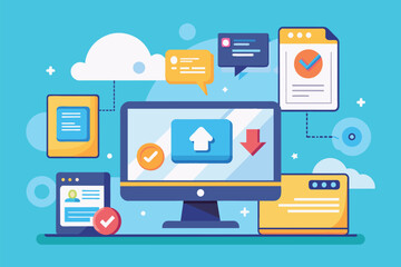 Fototapete - A computer screen displaying various icons representing different applications and functions, Installing computer software, Simple and minimalist flat Vector Illustration