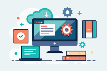 Fototapete - Computer screen displaying various icons for software applications, Install the software to the computer, Simple and minimalist flat Vector Illustration