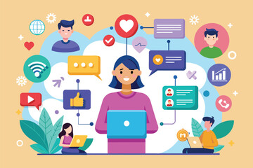 Poster - A woman sitting with a laptop open, interacting with social media icons displayed around her, interactions with social media, Simple and minimalist flat Vector Illustration
