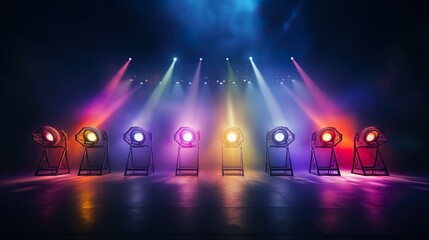 A vibrant image showcasing a range of stage lights with colored fog creating a dramatic effect, perfect for entertainment themes