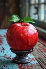 Poster - A red apple with a green leaf on top of it, AI