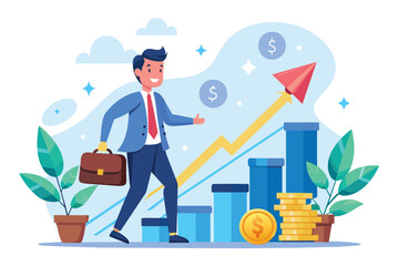 Wall Mural - Man in Suit and Tie Standing Next to Stacks of Coins, Investment management, career growth to success, financial management, Simple and minimalist flat Vector Illustration