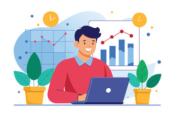 Poster - Investor Monitoring Dividend Growth on Laptop, investor with laptop monitoring dividend growth, invest capital analyze profit graphs, Simple and minimalist flat Vector Illustration