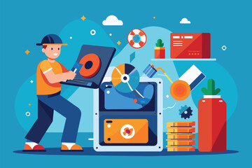 Poster - a man is focused on his laptop computer, engaging in work or tasks, it service is repairing storage,