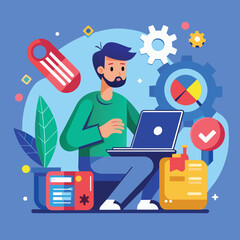 Poster - A man is sitting in front of a laptop computer, focused on his work, IT support is fixing software errors, Simple and minimalist flat Vector Illustration