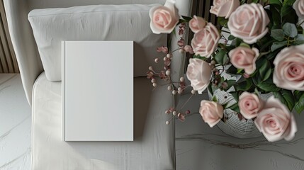 a white book with a blank cover mockup elegantly placed on a stylish chair, accompanied by a beautiful bouquet of roses.