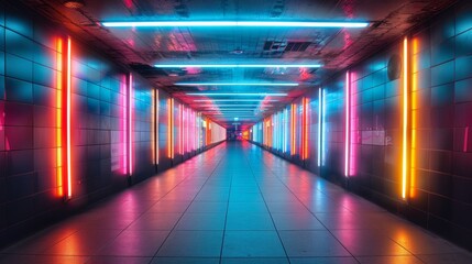 Wall Mural - A long hallway with neon lights on the walls and ceiling, AI