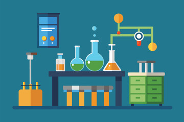 Poster - Table with various flasks filled with colored liquids in a laboratory setting, Laboratory, Simple and minimalist flat Vector Illustration